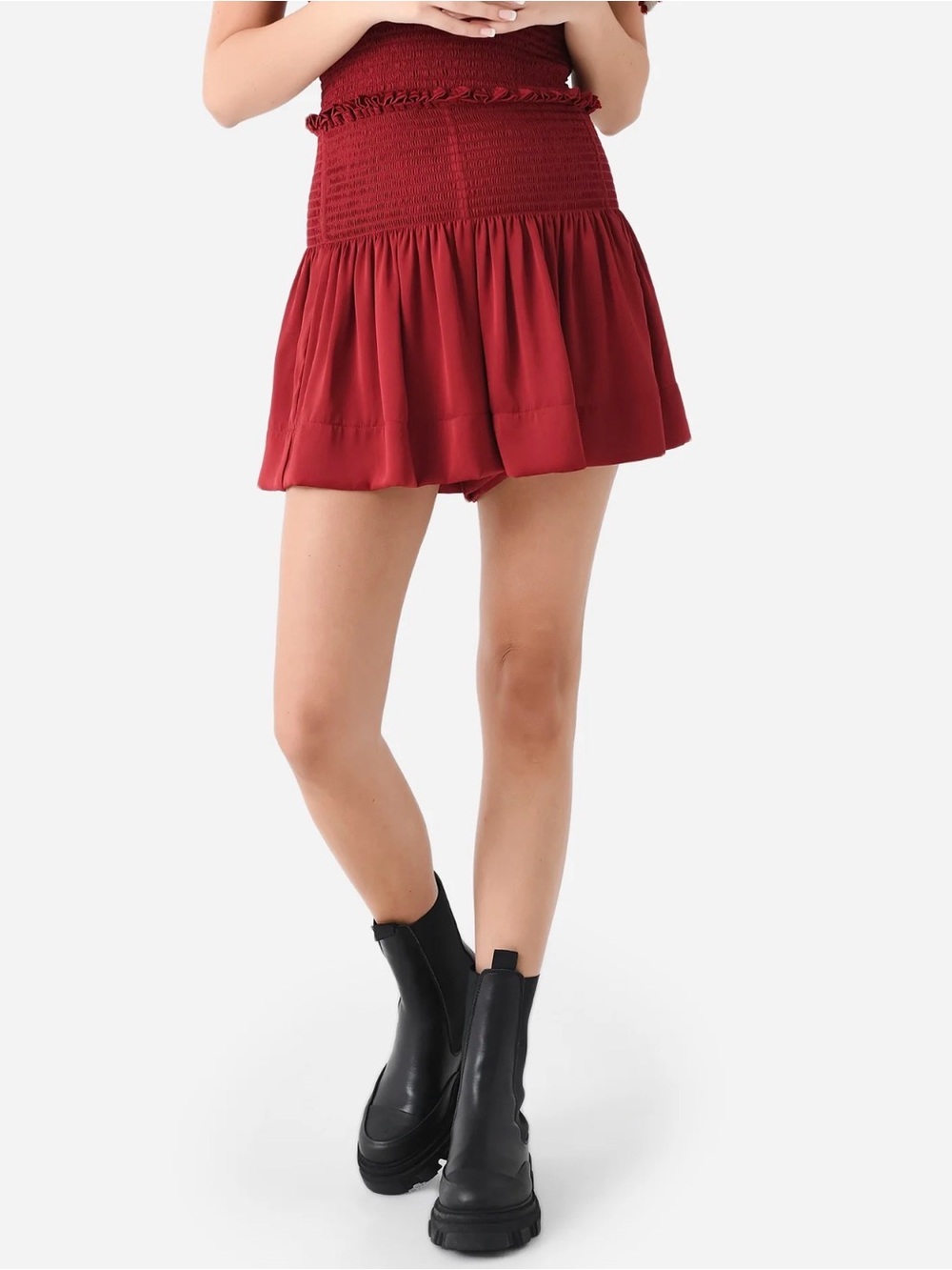 KOCH Erica Ruffle Shorts XS Red Smocked Waist Boho Flowy Resort